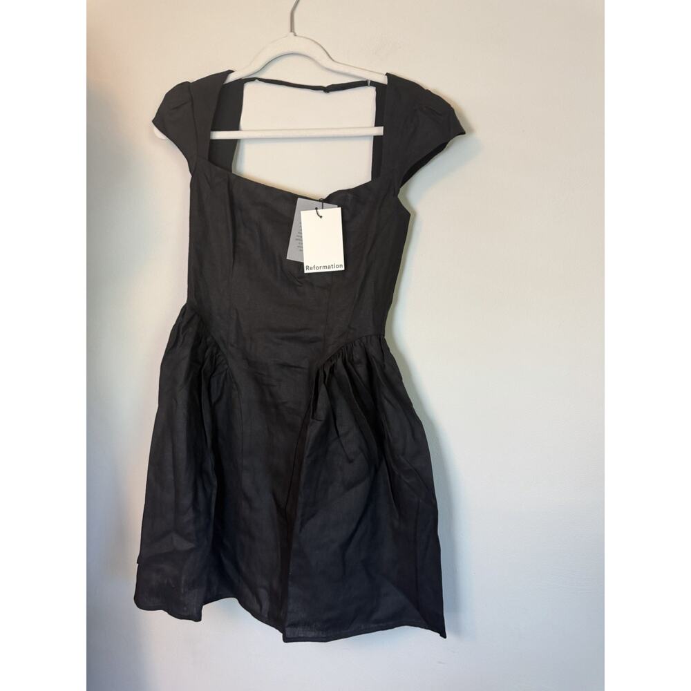 Reformation Oaklyn Cap Sleeve Linen Minidress Black 4 Babydoll Smocked Back NWT - Picture 10 of 16